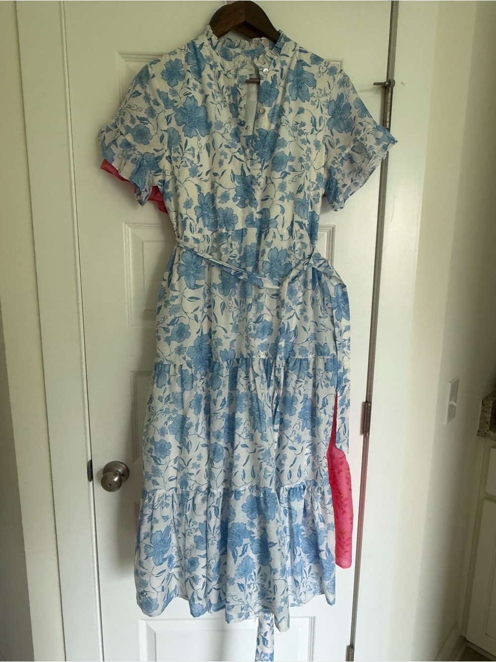 Light Blue Floral Tiered Casual Women's Dress with Tie Waist